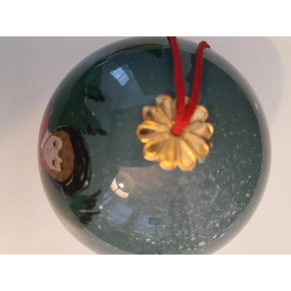 Vintage Style Christmas Ball Ornament Child with Sled and Tree Green Red Gold